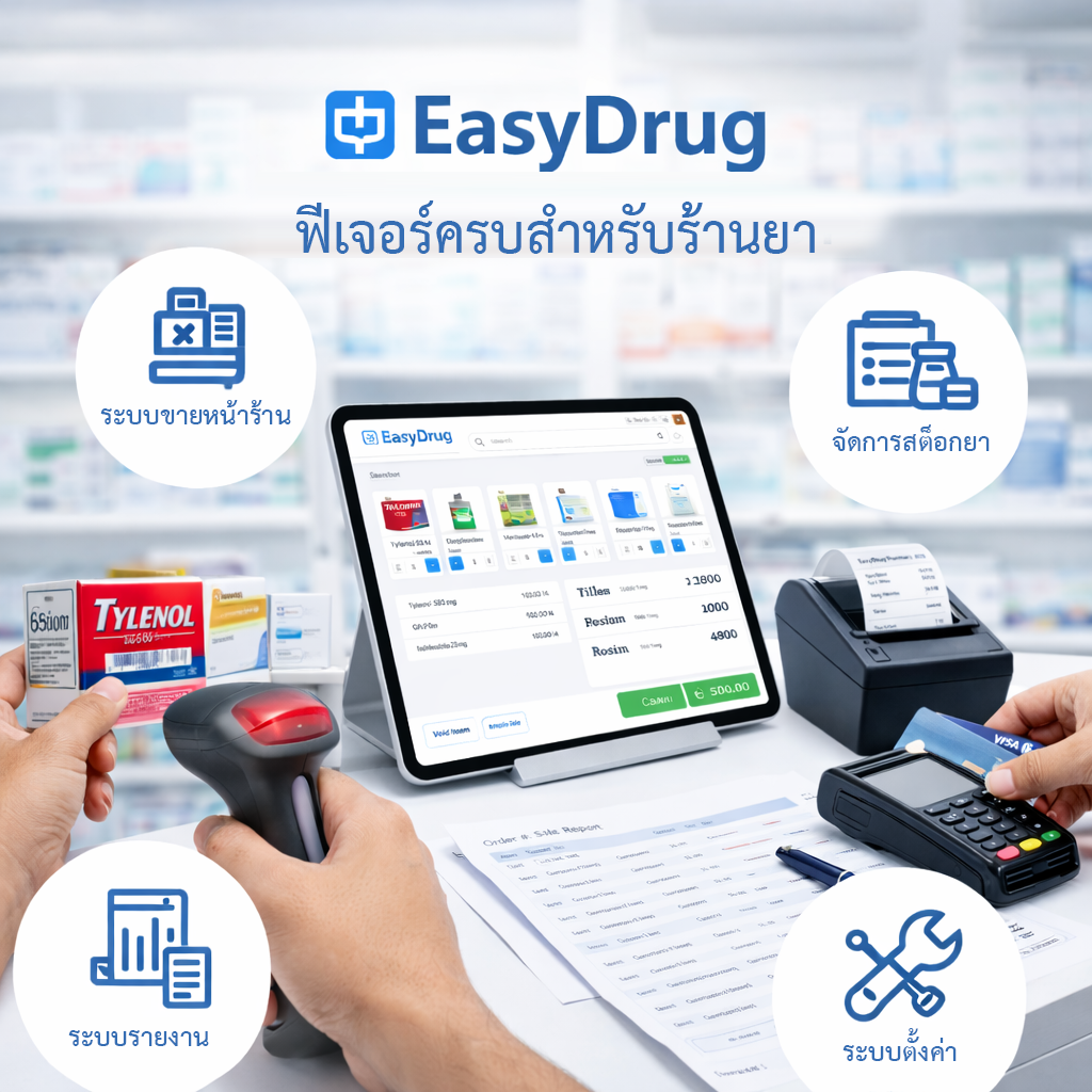 ฟีเจอร์ครบสำหรับร้านยา ควบคุมสต๊อกยา พิมพ์ฉลากยา พิมพ์บาร์โค้ด พิมพ์ใบเสร็จรับเงิน